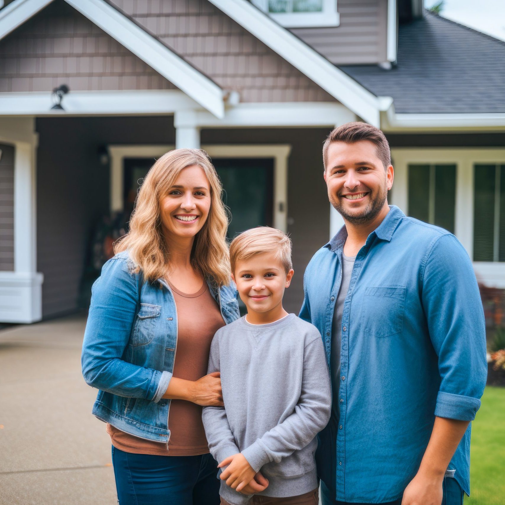 Caucasian family in front of newly purchased house, smiling proudly. Home ownership, real estate and a life goal accomplishment